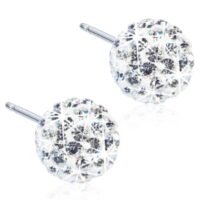 15-1269-01 Pair of sparkling crystal stud earrings with a round design, featuring multiple facets for enhanced shine and brilliance.
