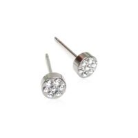 orhangen_titan_blomdahl_7330981521588_15-12166-01 Silver stud earrings featuring a round design with multiple clear crystals, perfect for adding sparkle to any outfit.