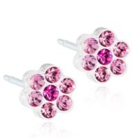 15-0114-57 Pink floral stud earrings featuring multiple sparkling crystals in a flower shape, ideal for casual and formal wear.