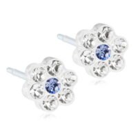 15-0114-89 Flower-shaped stud earrings featuring clear and blue crystals, perfect for adding a touch of elegance to any outfit.