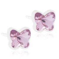 15-0199-74 Butterfly shaped earrings featuring pink crystals, crafted with a silver-tone setting, perfect for adding a touch of elegance to any outfit.