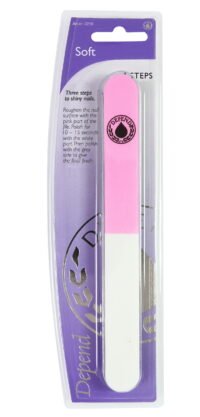 2219_soft_4 steps_eur Defend soft nail buffer and polisher in packaging, designed for nail care with three steps for shiny nails.