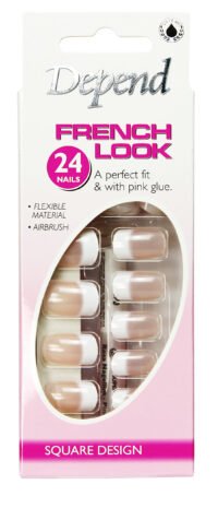 6102_eur Depend French Look Square Design Nails kit with 24 flexible nails and pink glue for easy application and a perfect fit.