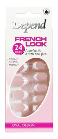 6164_eur Depend French Look oval nails pack with 24 flexible nails and pink glue for easy application.