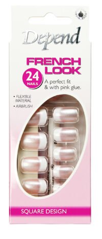 6244_eur Depend French Look Square Nails pack with 24 flexible nails and pink glue for easy application and a natural look.