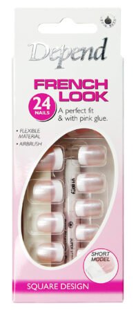 6303_eur Depend French Look short model nails in a 24 pack, featuring flexible material and pink glue for easy application.