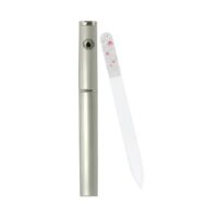 92021-Glass-Nail-File-With-Case Silver nail file and pen set featuring a sleek design and decorative crystals for nail care and writing.