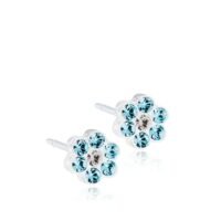 orhangen_nickelfri_plast_blomdahl_7330981510612_15-0114-55 Blue crystal flower stud earrings featuring multiple light blue and clear stones set in a floral design, perfect for adding elegance.
