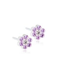 orhangen_nickelfri_plast_blomdahl_7330981510629_15-0114-56 Purple floral stud earrings featuring sparkling crystals in a flower design, perfect for adding a touch of elegance to any outfit.