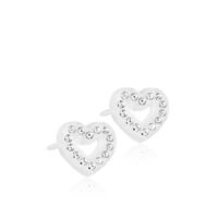 orhangen_nickelfri_plast_blomdahl_7330981510643_15-01121-01 Heart-shaped stud earrings adorned with sparkling crystals, perfect for adding a touch of elegance to any outfit.