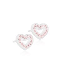 orhangen_nickelfri_plast_blomdahl_7330981510674_15-01121-24 Heart-shaped earrings with pink crystals, perfect for adding a touch of elegance to any outfit. Stylish jewelry accessory for various occasions.