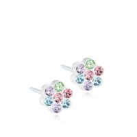 orhangen_nickelfri_plast_blomdahl_swarovski_7330981512722_15-0114-98 Colorful floral stud earrings featuring multiple gemstones in pink, green, and blue hues, set in a silver-tone base.