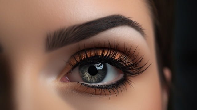 Close-up view of a stunning eye featuring long eyelashes and a captivating iris, showcasing detailed makeup and brow definition.