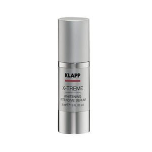 001 KLAPP X-Treme Whitening Intensive Serum in a silver bottle, designed to enhance skin brightness and reduce dark spots.