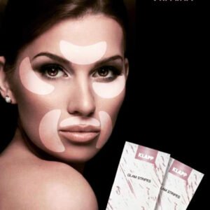 002 KLAPP Glam Stripes facial treatment patches on a woman's face, promoting skincare and beauty enhancement.
