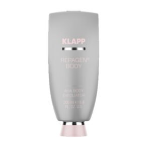 004-1 KLAPP Repagen Body AHA Exfoliator in a gray tube, 200ml, designed for body exfoliation and skin renewal.