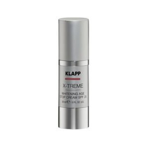 005 KLAPP X-Treme Whitening Age Stop Cream SPF 25 in a sleek silver bottle, designed to reduce signs of aging and provide sun protection.