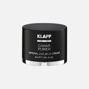02 KLAPP Caviar Power Imperial 24H Jelly Cream in a black jar, 30ml size, designed for skincare hydration and rejuvenation.