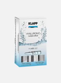 07 مجموعة KLAPP Hyaluronic Power Set تحتوي على أمبولات وكريم لترطيب مكثف وتجديد البشرة، مناسبة للاستخدام ليلاً ونهارًا.
