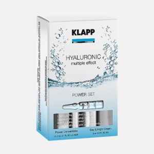07 KLAPP Hyaluronic Power Set featuring ampoules and cream for intense hydration and skin rejuvenation, suitable for day and night use.