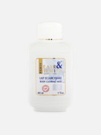 Black-Lowest-Jeans-copy (1) Fair & White Lait Eclaircissant Body Clearing Milk, 485ml bottle for skin brightening and moisturizing.