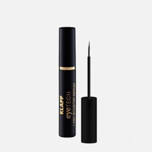 White-Designer-Dress-copy-copy (1) KLAPP Eyetech Lash Booster Serum in a sleek black tube with a precision applicator for enhancing eyelashes.