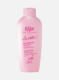 product shower Fair and White So White Brightening Shower Gel in a pink bottle, featuring pomegranate and melon extracts for skin brightening.