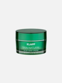 يييؤيي KLAPP Skin Natural Aloe Vera Cream in a green jar, 50ml, designed for hydration and soothing skin with aloe vera.