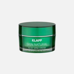 يييؤيي KLAPP Skin Natural Aloe Vera Cream in a green jar, 50ml, designed for hydration and soothing skin with aloe vera.